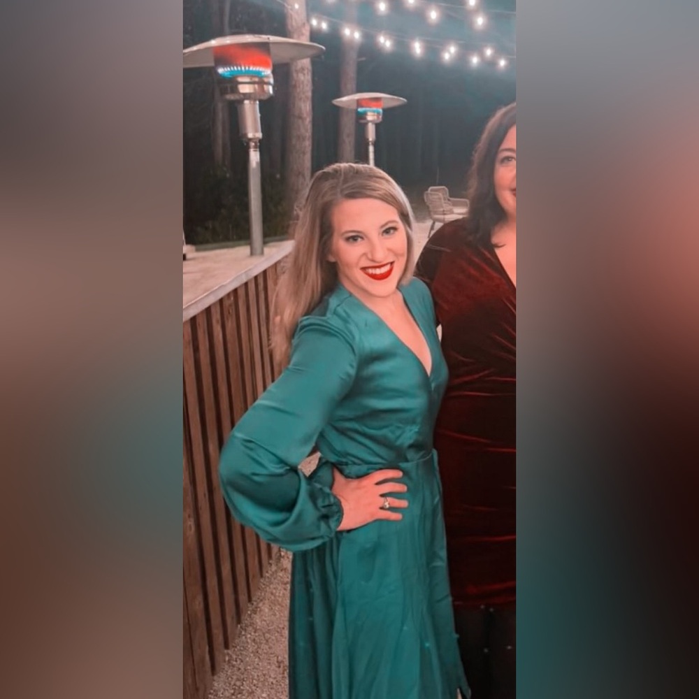 She And Sky Long Sleeve Maxi Satin Wrap Dress With Front Side Tie In Green